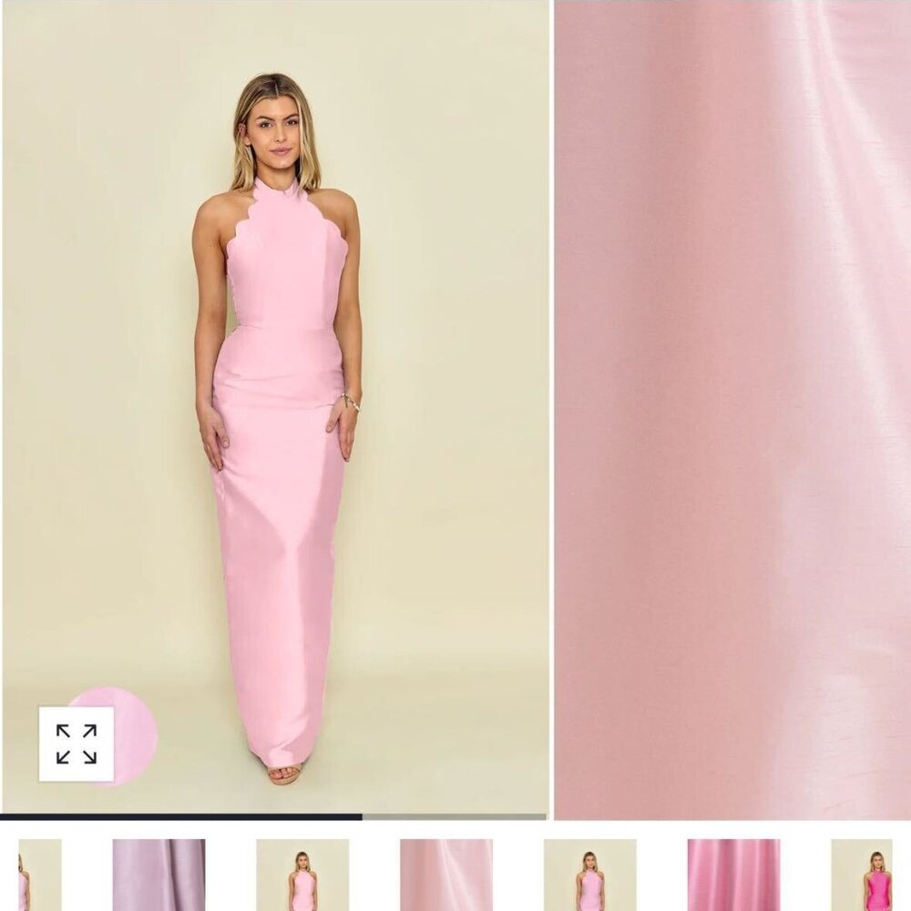 LulaKate Margot Halter Gown – Pastel Pink Shantung Formal Dress